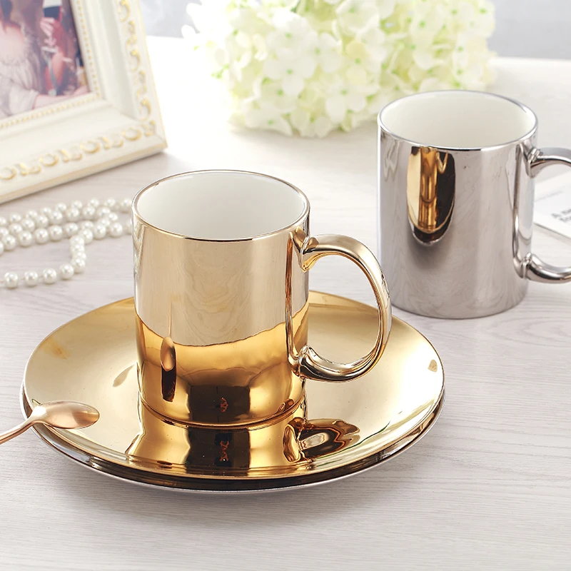 Hot Sale Europe Coffee Cup Set Gold/ Silver New bone china Tea Cup Set Electroplated cups and saucers Home Party Drinkware