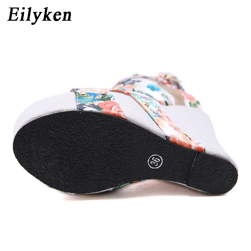 Eilyken Summer Fashion Peep Toe Solid Platform Wedges Sandals Women Designer Silk Print Flower Fabric High Heels Female Shoes