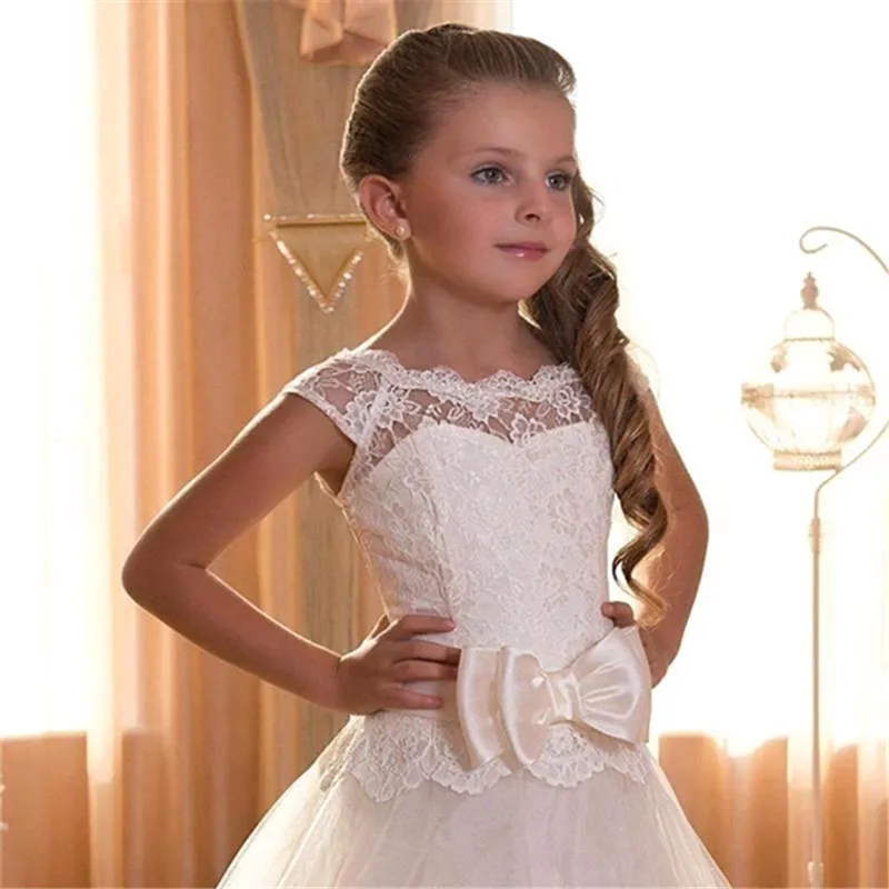 White Ivory Flower Girl Lace Dresses Little Girls Kids Children Bridesmaid Wedding Party Pageant First Communion Dress