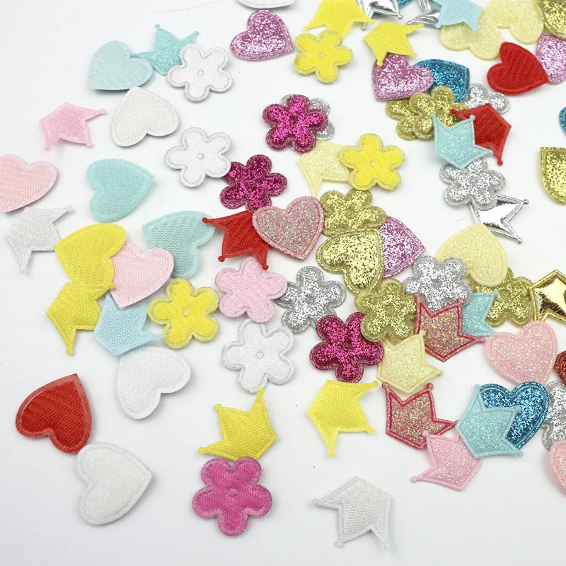 100Pcs Glitter Crown/Bowknots/Heart Patches Appliqued DIY Craft Scrapbooking Decor Kids Headwear Accessories Padded Sequined