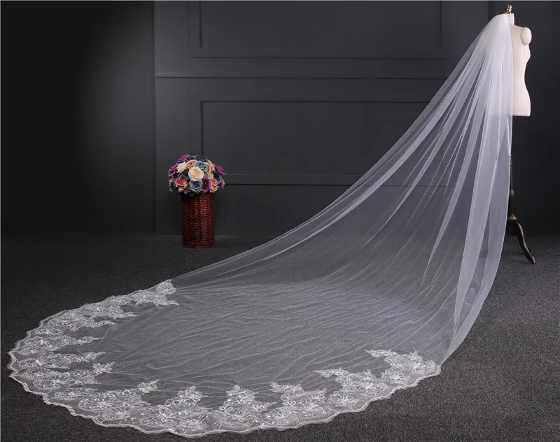 JaneVini Elegante Bruiloft Sluier Lange Kathedraal Een Layer Applicaties Edge Lovertjes Soft Bridal Veils met Kam Velo Novia 3 Metros