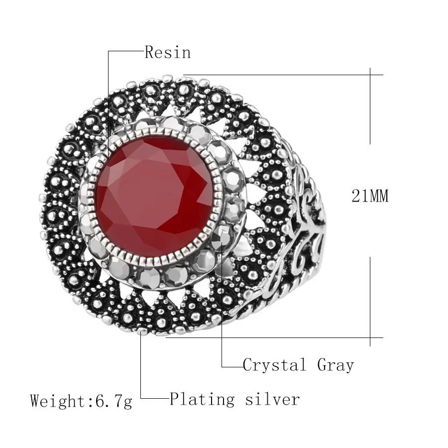 Hot Sale Vintage Red Green Ring Black Crystal Hollow Tree Pattern Rings For Women Tibetan Silver Jewelry Free Shipping