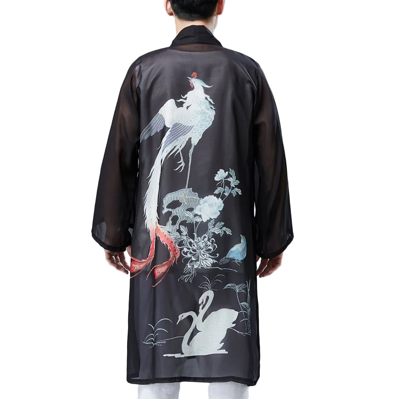 LZJN Men Thin Light Cool Summer Trench Coat Male Loose Casual Long Shirt Vintage Birds Print Hanfu Open Front Kimono Cardigan