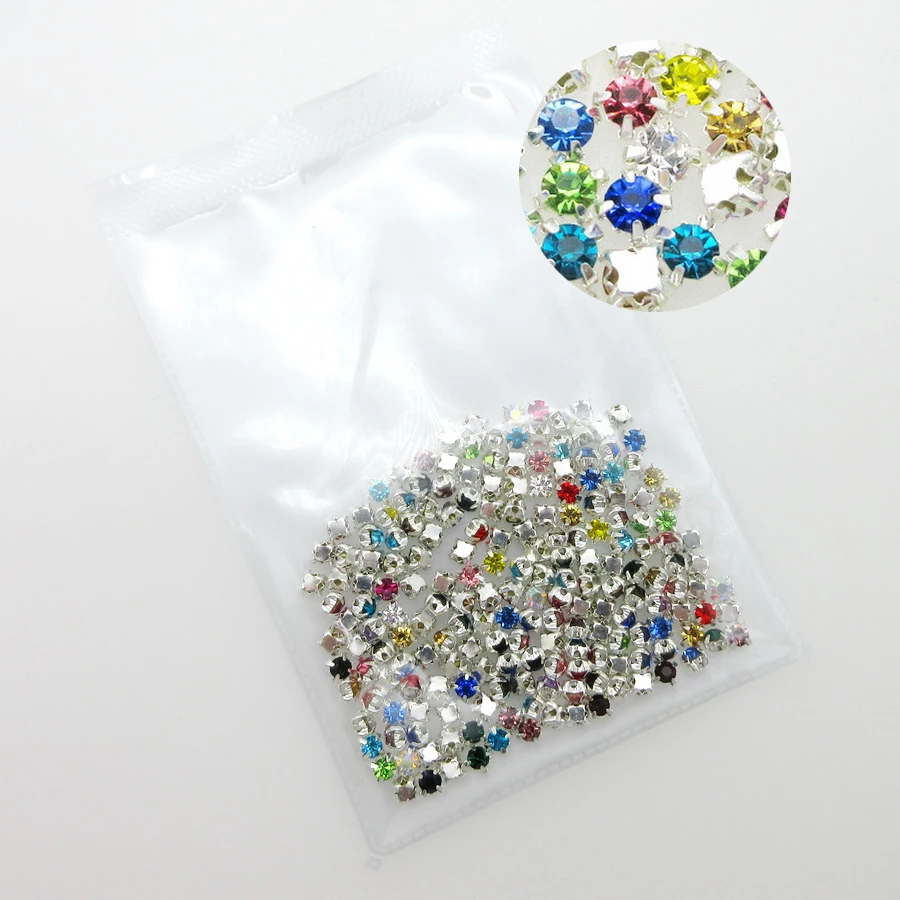 200pcs/pack Colorful glass crystal Silver claw 4mm Round shape Sew on rhinestone beads garment accessories bags shoes diy trim