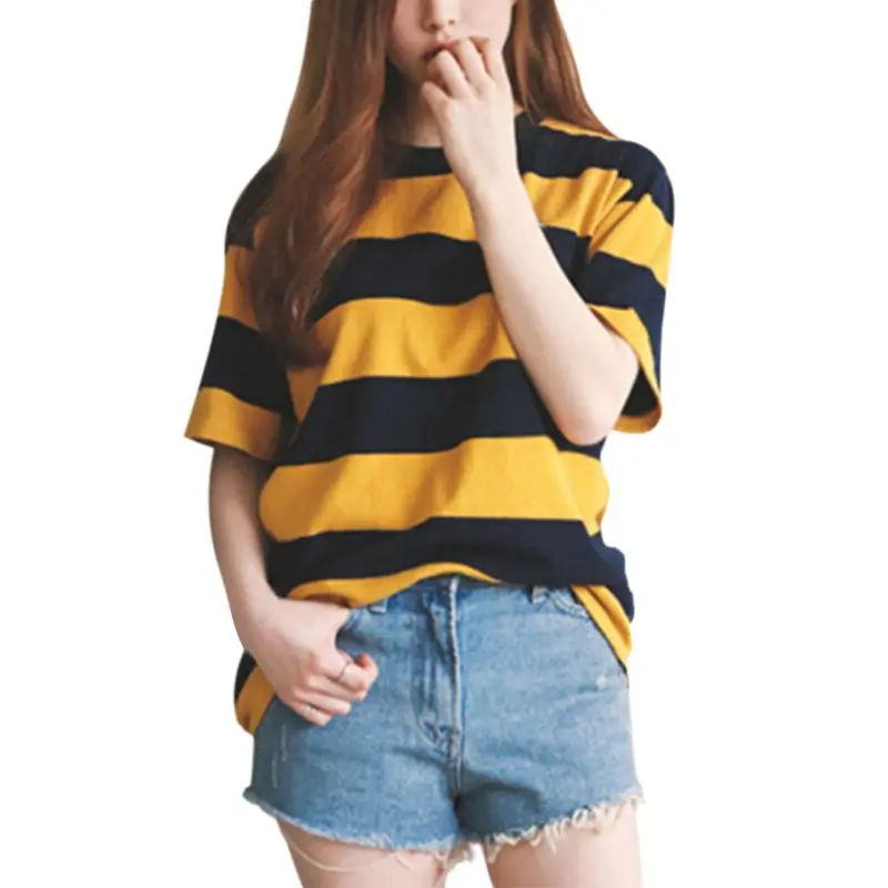 Women Yellow Black Stripes Short-sleeved T-shirt Girls O-Neck Casual Tops Summer Autumn Classic Shirts