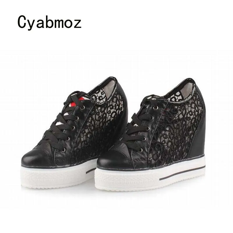 Cyabmoz Women Platform Shoes Woman High heels Wedge Height increasing Casual Hollow Lace Valentine Party Shoes Zapatos mujer