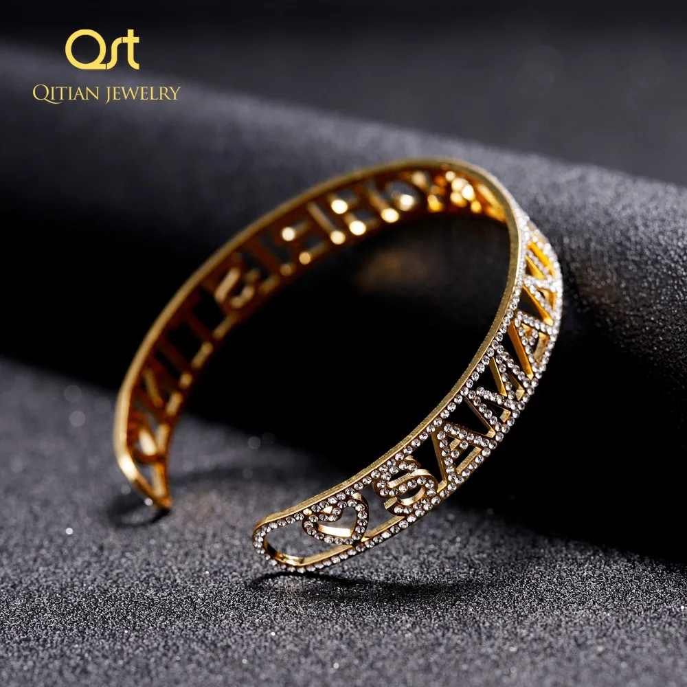 Gold  Name Bangles   Iced Out Personalized ID Family Lover Nameplate Faith Letter Bangles & Bracelet Stainless Steel Adjusted
