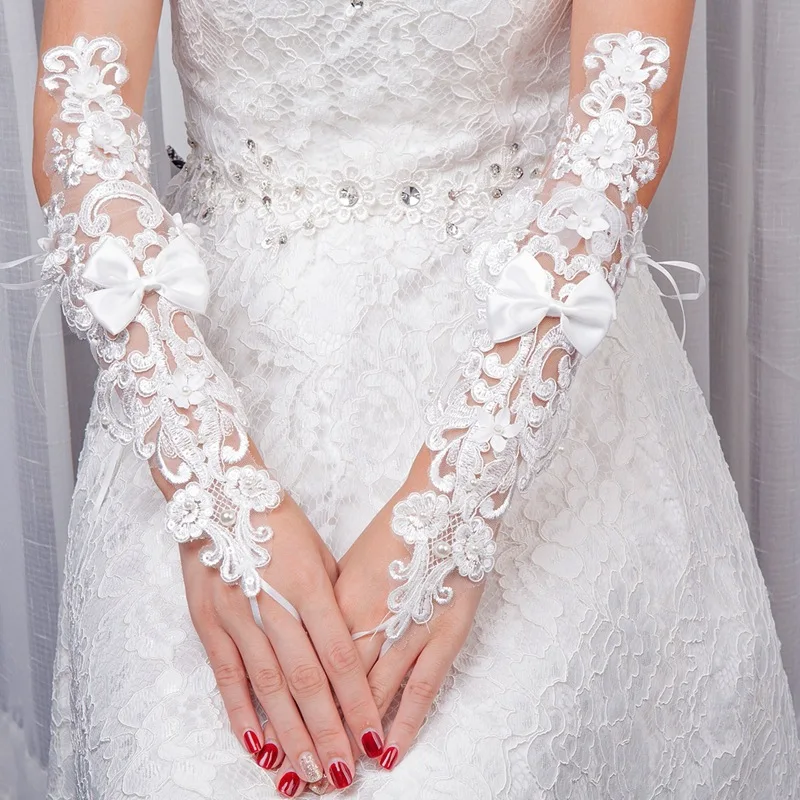 JaneVini White Long Fingerless Wedding Gloves With Pearls Bow Women Bridal Lace Aplique Wedding Glove Elbow Length Bride Gloves