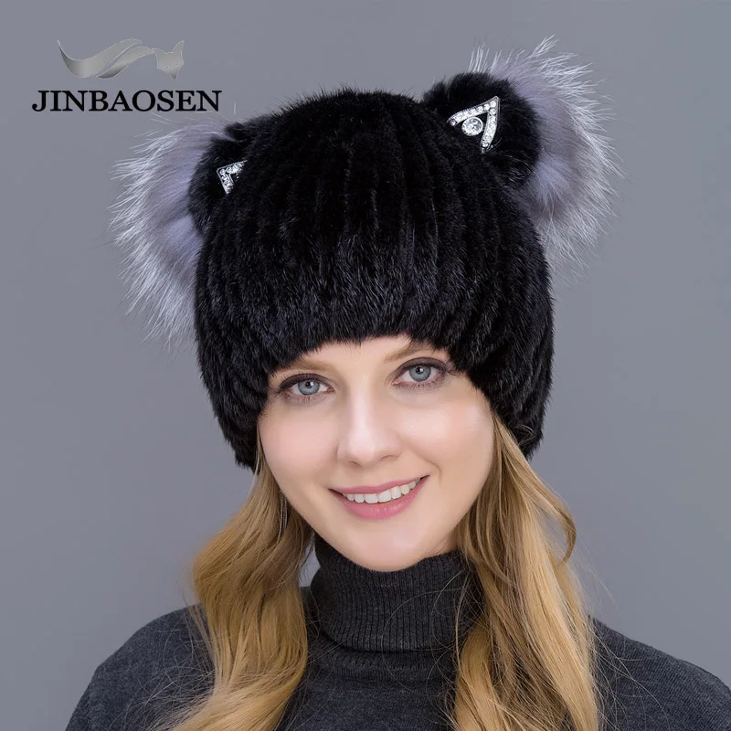 JINBAOSEN Fashion Female Mink Fox Fur Hat Suede Hat Winter Ski Cap Cat Ears Style Casual Hat Wool Cap