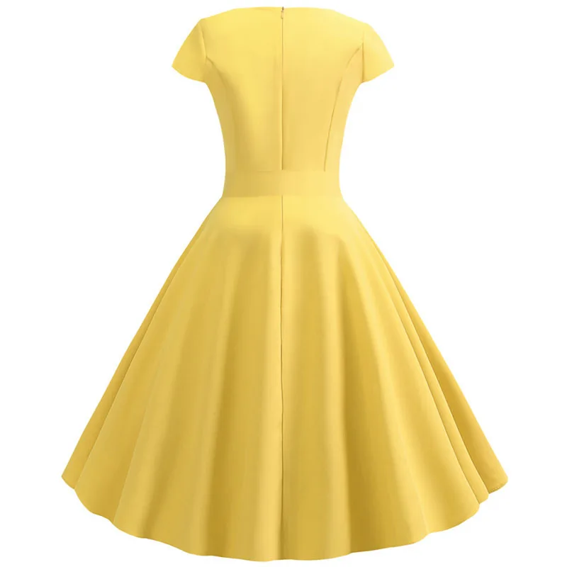 Yellow Solid Color Summer Dress Vintage Women Swing Rockabilly Dresses Robe Femme Elegant  Casual Party Midi Vestidos