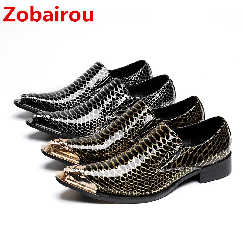 New arrival men leather dress shoes classic gold steel toe loafers slip on mens glitter shoes zapatos hombre wedding shoes