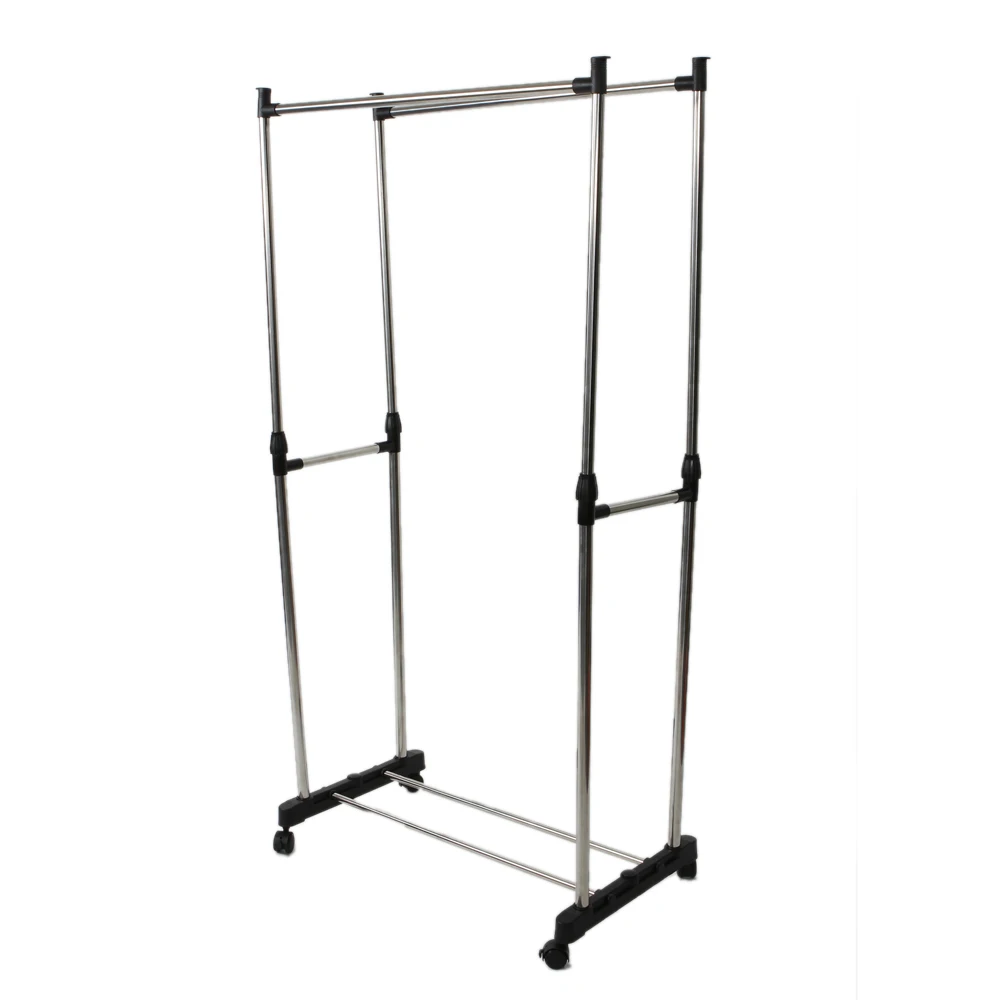 Dual-bar Rolling Clothes Rack Garment Rack Vertically-stretching Stand with Shoe Shelf Clothing Shelves Storage  - US Stock