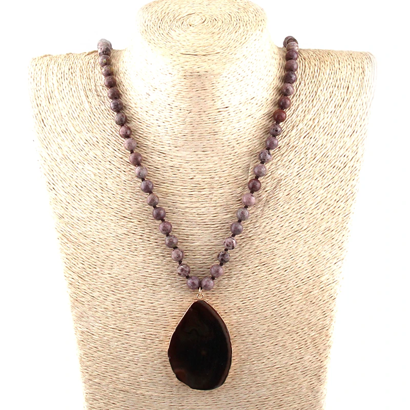 Fashion Semi Precious Stones Long Knotted Stone Agat Drop Pendant Necklaces Women Ethnic Necklace