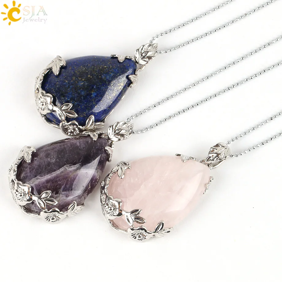 CSJA Jewelry Shopping Online Women Natural Pink Quartz Stone Necklace & Pendant Tear Water Drop Love Reiki Bead Ketting E082