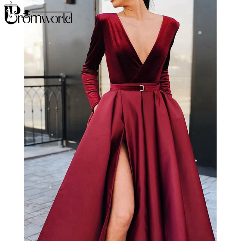 Borgonha muçulmano vestidos de baile 2022 v-neck veludo cetim vestido formal com bolsos alta fenda elegante manga longa vestidos de noite