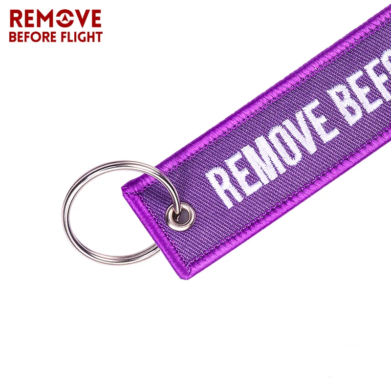 Fashion REMOVE BEFORE FLIGHT Key Chains Purple Embroidery Aviation Keychain for Cars Motorcycles OEM Key Fobs Key Ring Tags