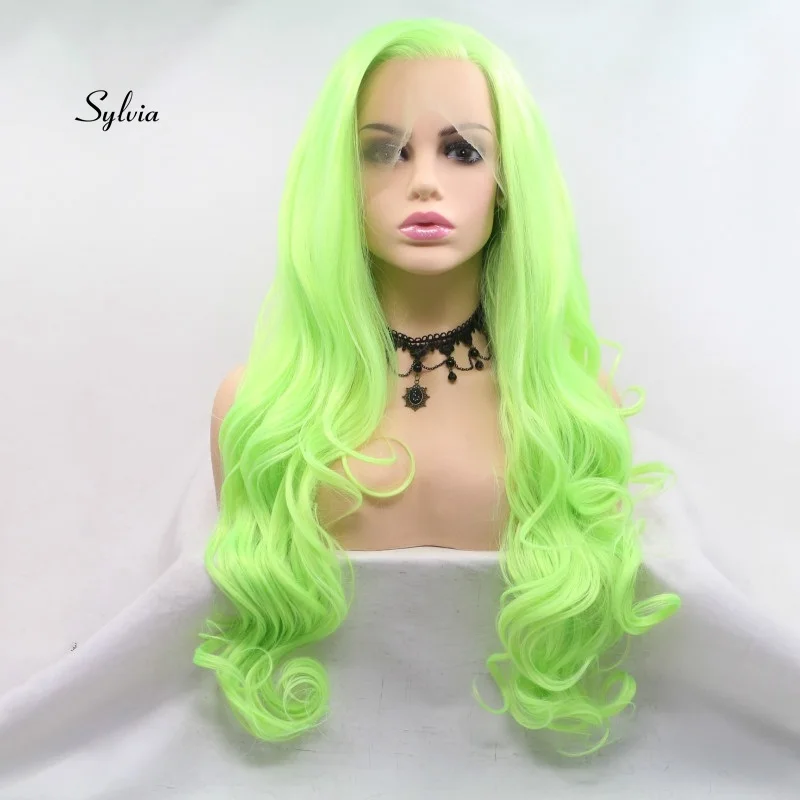 Sylvia Heat Resistant Long Body Wave Hair Fluorescent Green Color Side Parting Lace Front Synthetic Wigs For Part Women Hair