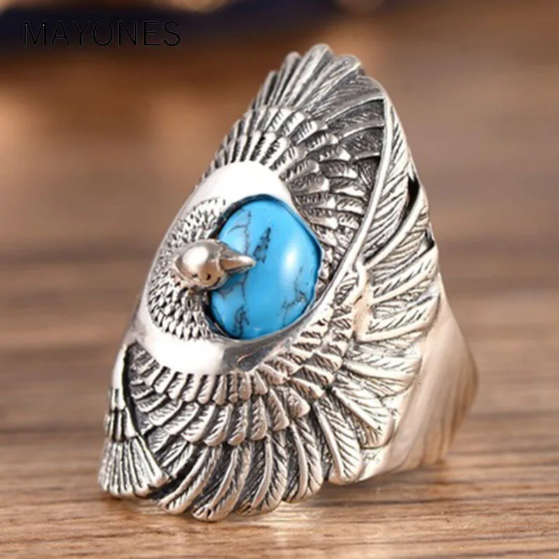 100% Real 925 Sterling Silver Ring with Natural Turquoises  Hand Carved Eagle Wings Rings for Unisex Thai Silver Jewelry