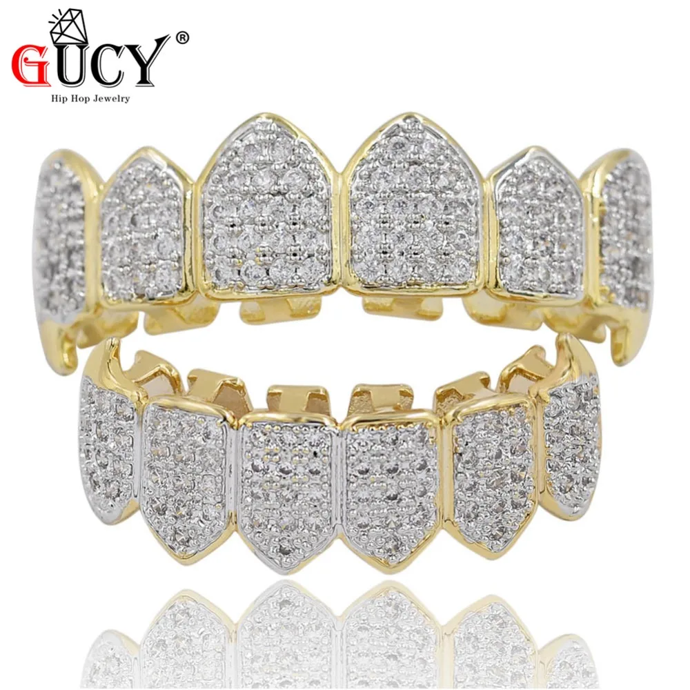 GUCY Hip Hop Teeth Grillz Top & Bottom All Iced Out Grills Dental Vampire Fang Caps Party Jewelry Halloween's Gift