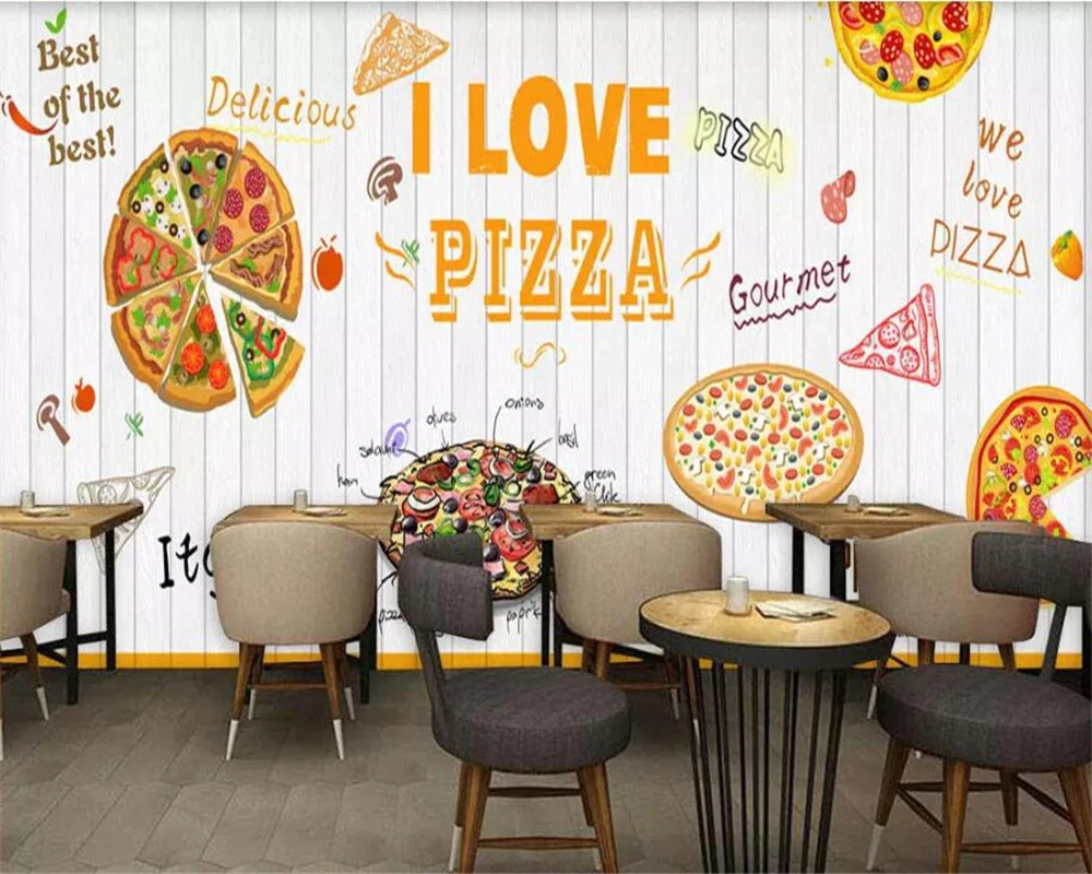 

beibehang Custom 3d mural White wooden board pizza 3d wallpaper western restaurant coffee shop restaurant 3d wallpaper mural