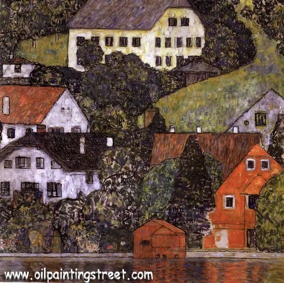 

Oil Painting reproduction on canvas, Houses in unterach on lake atter by Gustav Klimt, Free fast Shipping,100% handmade,Top