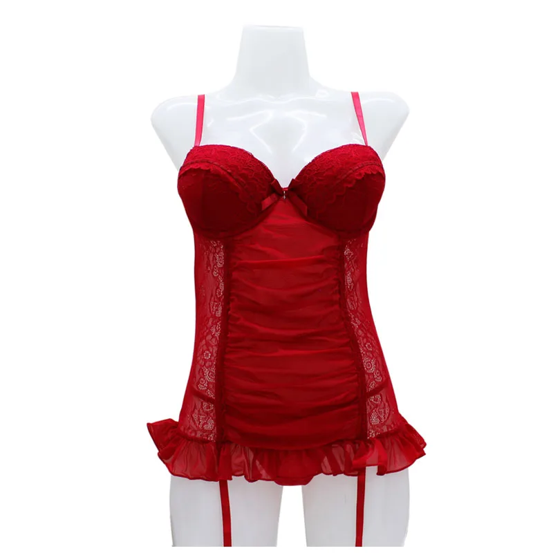 Christmas Women Corsets Sexy Lace Underwear With  Underwire Cup Bra Ruffles Red /Black Underwear sets thong S M L XL   NO.JL141