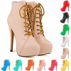 2024 Herbst Frauen kurze Stiefel High Heels Plattform Schnürung Retro Schuhe weibliche weiche Leder Mode Stiefeletten Party runde Zehen