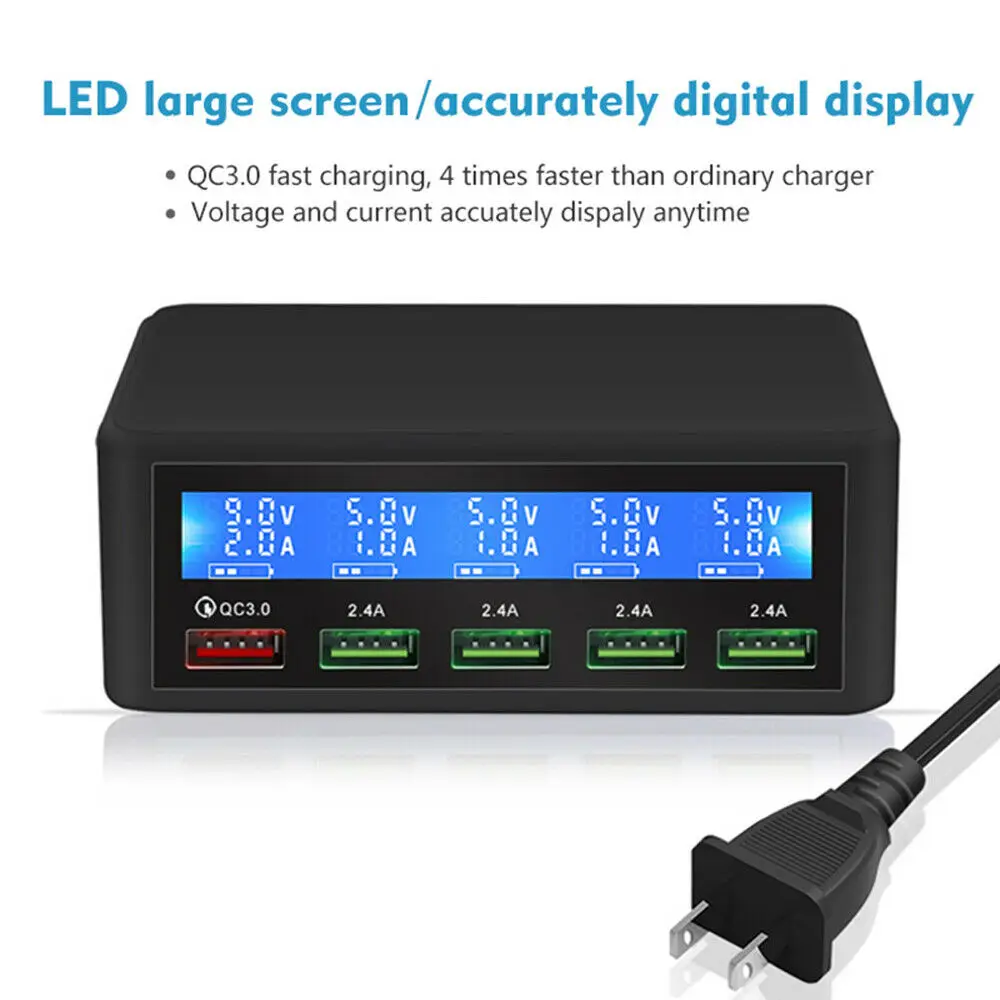 Qc 3.0 carga rápida 5 portas usb display lcd carregador multi carregador de parede do telefone móvel rápido para iphone xiaomi