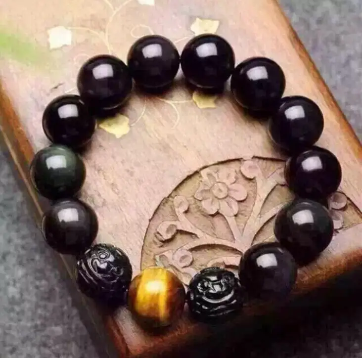 Wholesale natural kaiguang rainbow obsidian double PI xiu bracelet round beads men and women style hand string