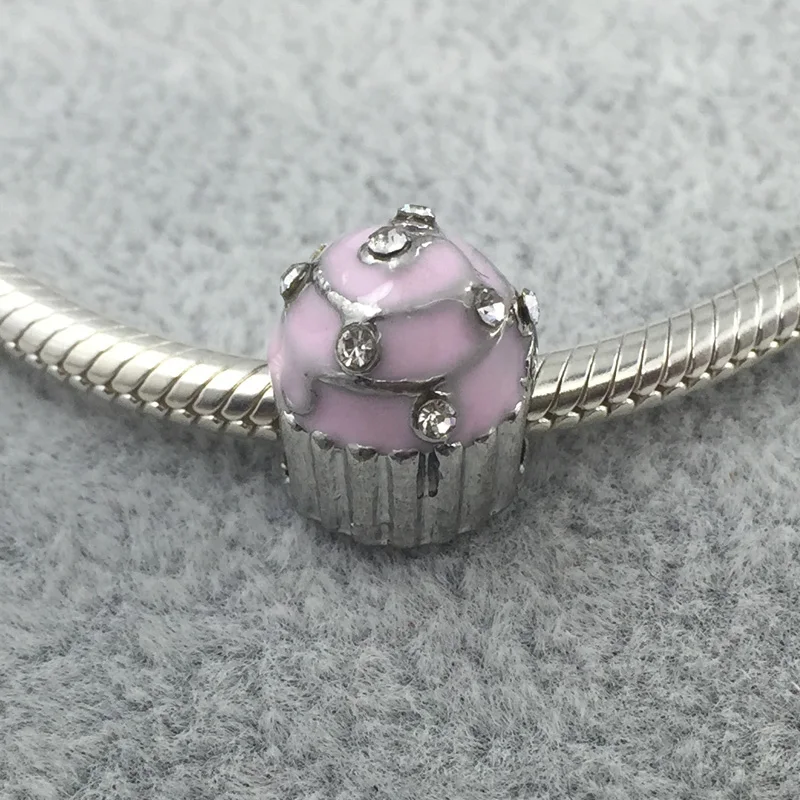 Sweet Cupcake SIlver Plated With Crystal Lovely Pink Enamel European Beads Fit Charms Bracelets&Bangles Necklace 