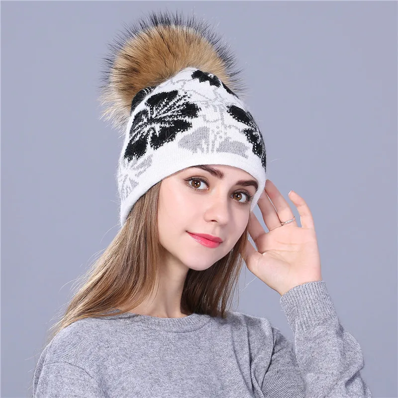 [Xthree]real Raccoon fur pom poms knitted beanie winter hat for women and girl hat thick female Rabbit fur wool cap