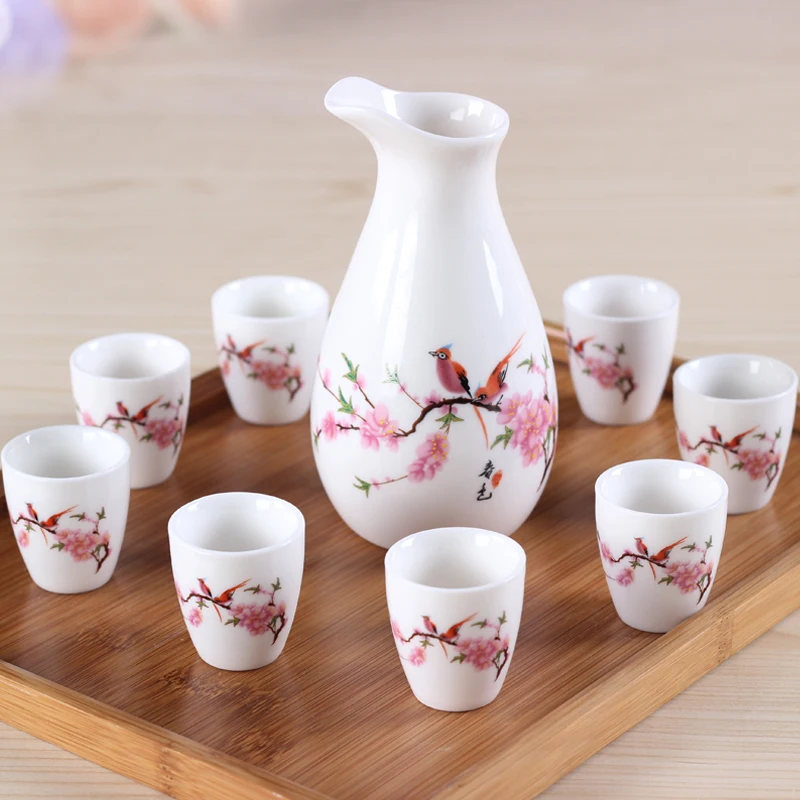 Ceramic Wine Set Liquor Spirit Pot 6 Cups Japanese Sake Pot Bar Set in Gift Box