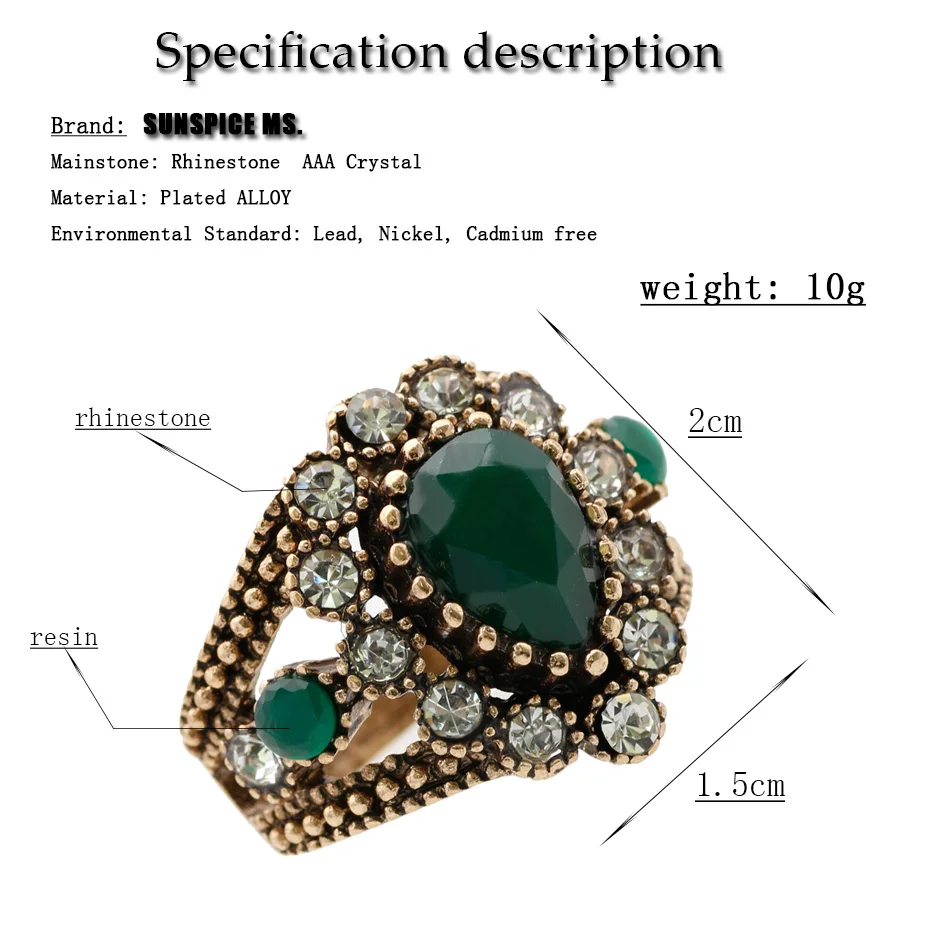 SUNSPICE MS. Turkish Vintage Ring For Women Wedding Jewelry Water Drop Resin Crystal Finger Rings Indian Retro Charm Bijoux Gift