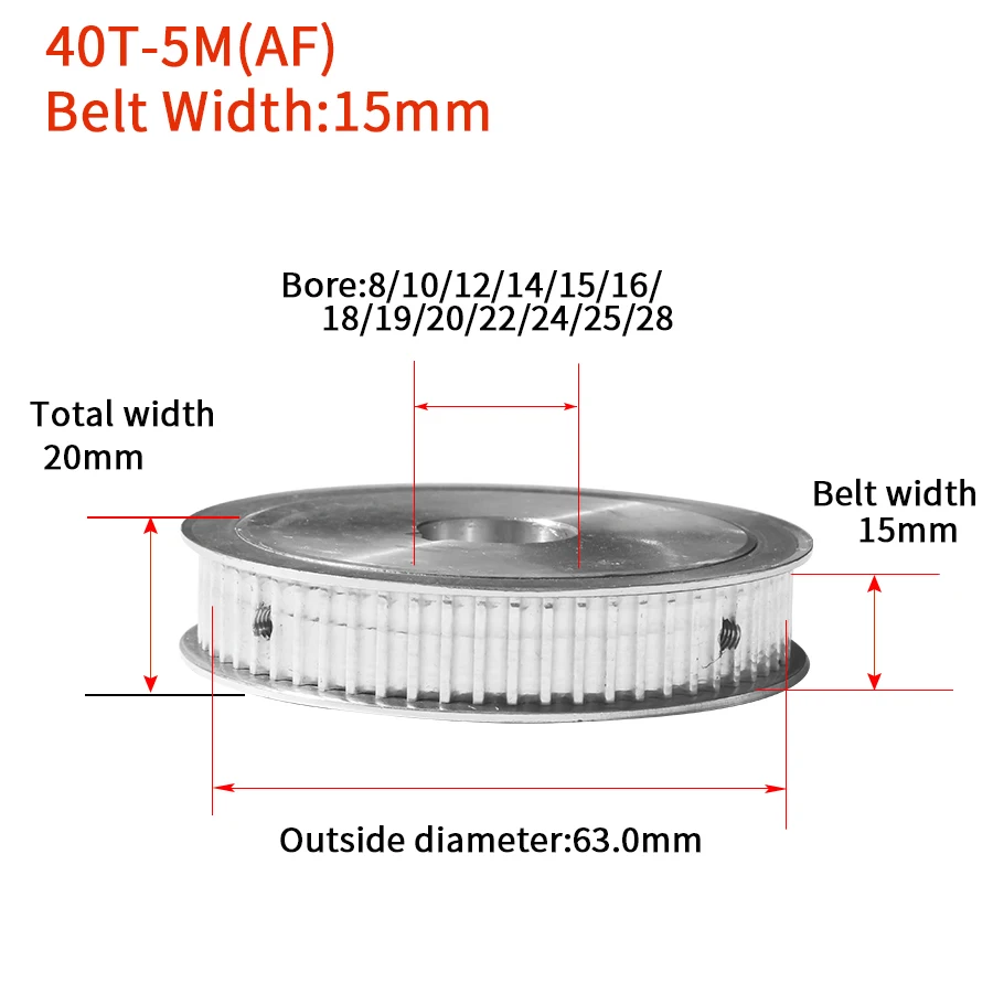 40Teeth HTD5M Synchronous Timing Pulley Bore 8/10/12/14/15/16/18/19/20/22/24/25/28mm for Width=15mm KeywayTiming Pulley AF 5M40T