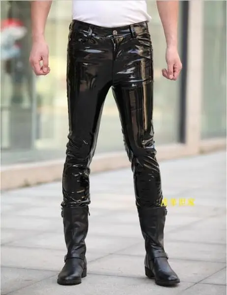 27-37 ! Men's New Dj Fashion Clothing Slim Male Classic Slim The Light Japanned Leather Pants Trousers Singer Costumes