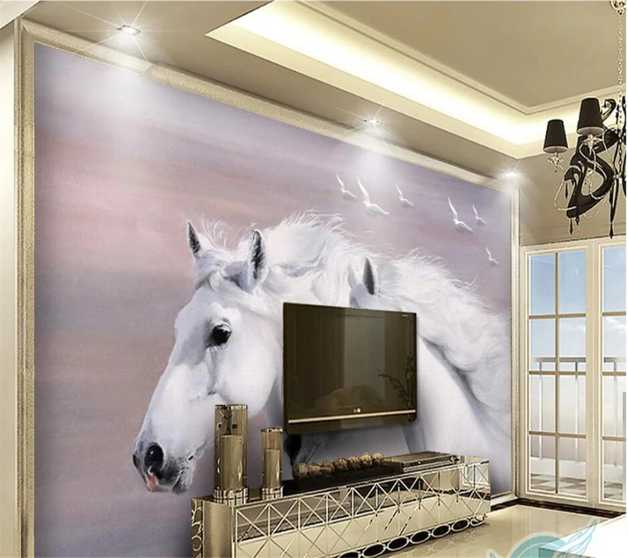 Custom wallpaper 3d stereo photo mural European hand-painted white couple horses flying birds background wall painting wallpaper