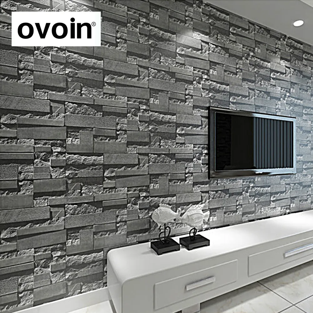 

Slate Stone Brick Effect Washable Vinyl PVC Wall Paper Living room Background Wallcovering Wallpaper Black,Grey