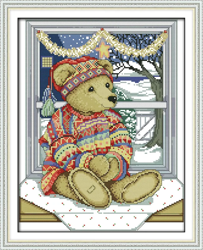 The window of the teddy bear cross stitch kit 14ct 11ct pre stamped canvas embroidery DIY handmade needlework