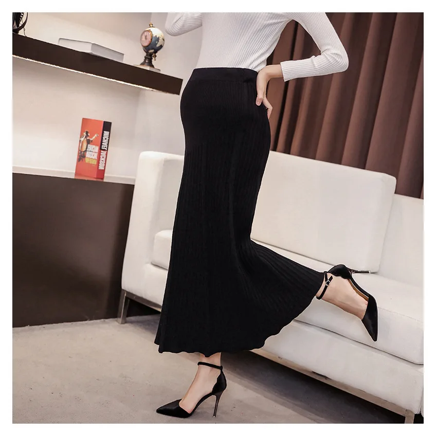 

Elastic Waist Belly Maternity Long Skirts Bottoms Clothes for Pregnant Women Autumn Charming Knitted Pregnancy Skirts