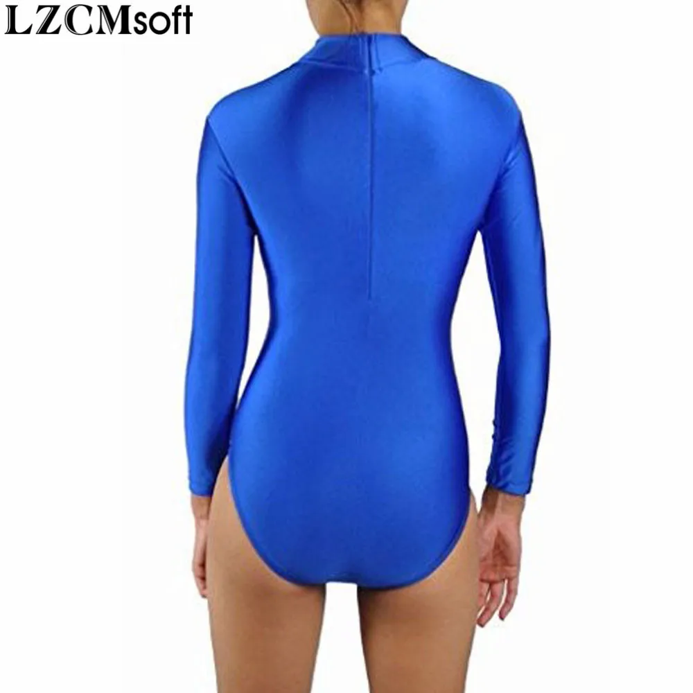 LZCMsoft donna manica lunga balletto danza ginnastica body adulto Nylon collo finto body nero Spandex Dancewear Fitness ragazze