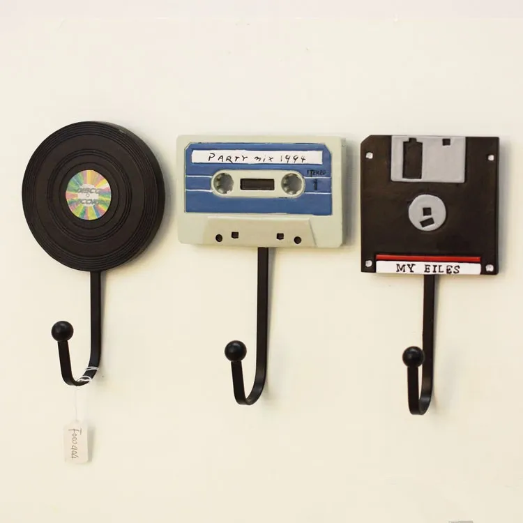 3pcs Tape Disc and CD design Wall Hook Iron Coat Hanger Hand-painted Resin Hook High Quality Key Hanger Home Decoration