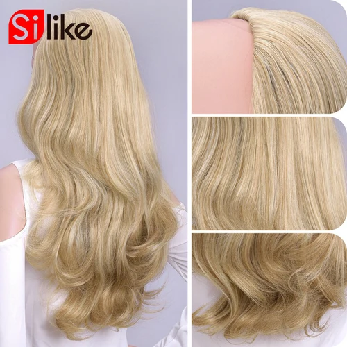 Imagen 2 del producto Silike-extensiones de cabello largo ondulado sintético para mujer, 24 pulgadas, 3/4 media peluca, Rubio degradado, sin tapa, pinzas para el cabello, 210g