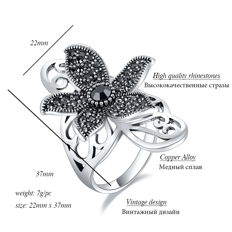 Ajojewel Womens Vintage Five Petals Flower Ring With Black Rhinestone Big Hollow Leaf Designer Jewelry Anel Size 7-9