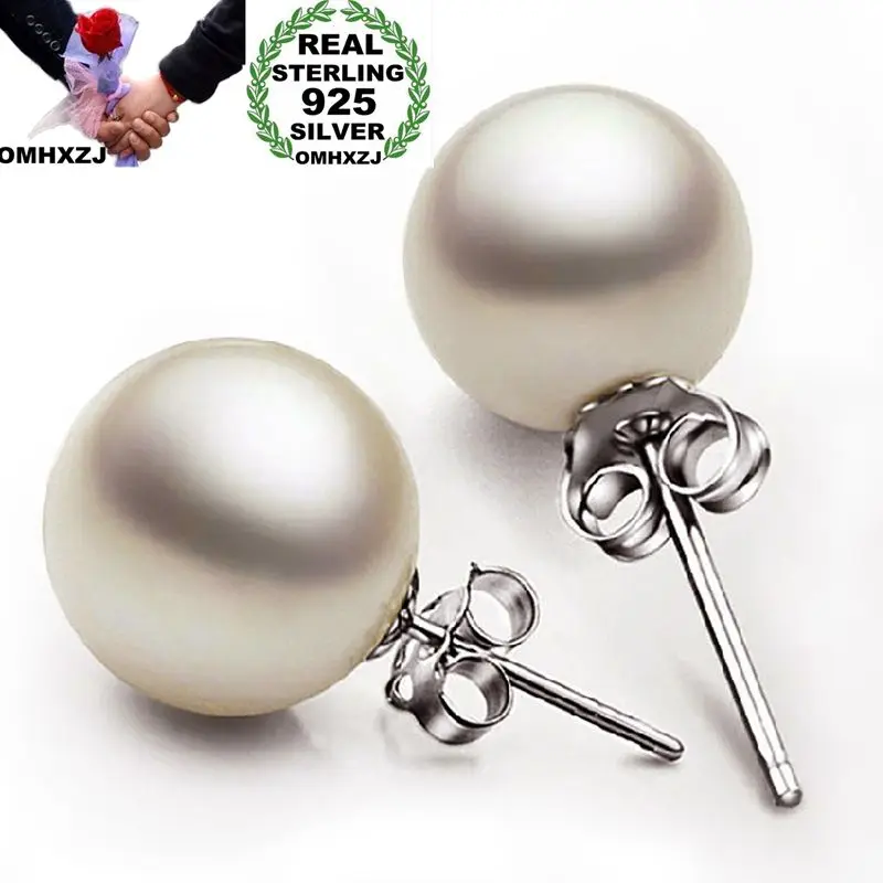 OMHXZJ Wholesale European Fashion Woman Girl Party Wedding Gift White Round Pearl Zircon 925 Sterling Silver Stud Earrings EA90