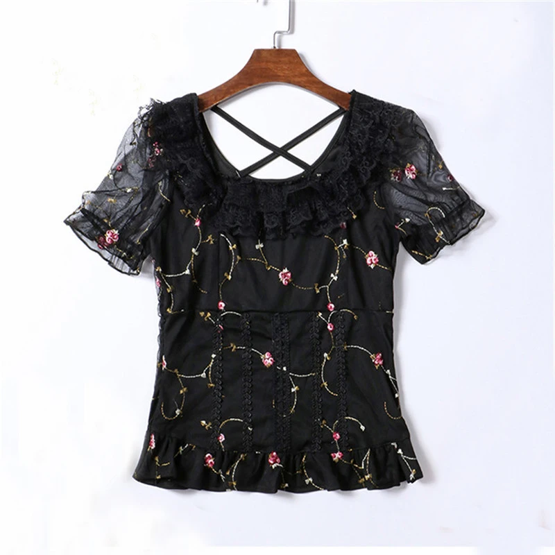 2018 Spring Summer Floral Embroidery Shirt Women Sweet Mesh Lace Blouse Lady Short Sleeve Backles Blouses Short Blusas Tops A832