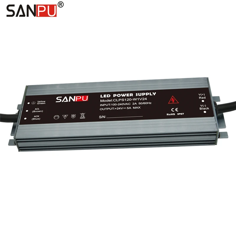 SANPU LED Power Supply 24V 120W 5A Waterproof IP67 Constant Voltage AC to DC 24 Volt Lighitng Transformer Slim LED Driver 24VDC