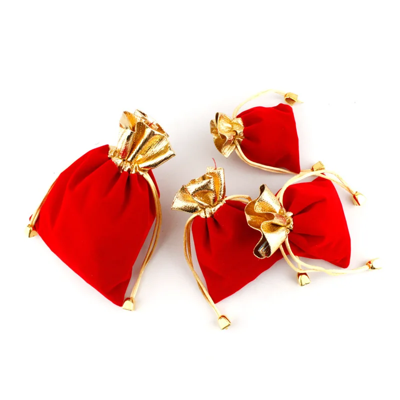 5pcs/lot Multi Size Red+Gold Color Velvet Package Bags 7x9 9x12 12x16cm Organza Drawstring Gift Bags Wedding Jewelry Pouches