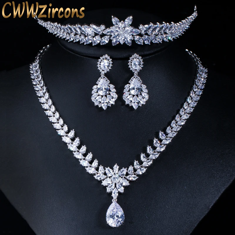 CWWZircons Luxury Wedding Party Hair Jewelry Accessories Cubic Zirconia Bridal Necklace Earring Tiaras and Crowns Sets T148