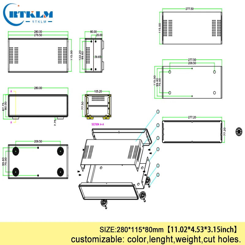 Elektrische Gehäusebox aus Eisen für DIY-Projekte, Steckdosen-Verbindungsbox, PCB-Design, Instrumentengehäuse, Anschlussbox 280*115*80mm – Detail 11