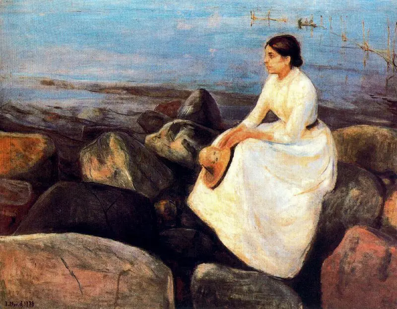 

Oil Painting Reproduction on Linen Canvas,summer-night-inger-on-the-shore-1889 by Edvard Munch,100% handmade